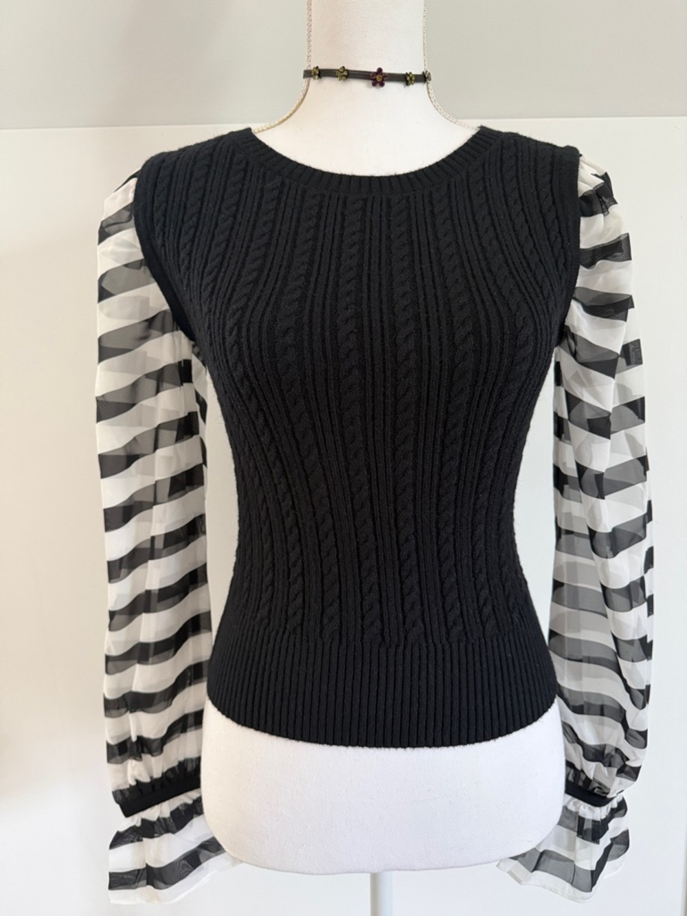 Anthropologie Black Cable Knit Top with Black & White Sheer Striped Sleeves